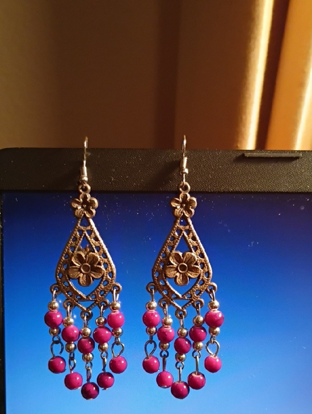 Silver- And Bronze-Tone Filigree Chandelier Earrings with Burgundy Beads